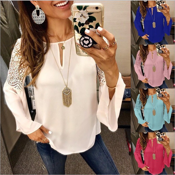 Lace stitching flared sleeve chiffon shirt