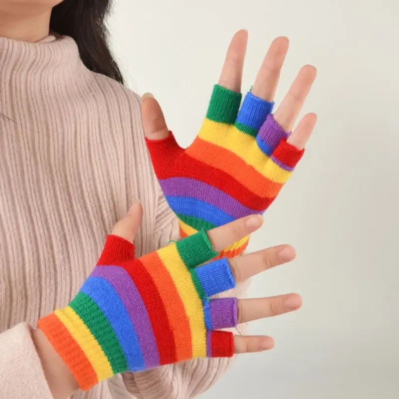 AdultRainbow Striped Gloves Fingerless Half Finger