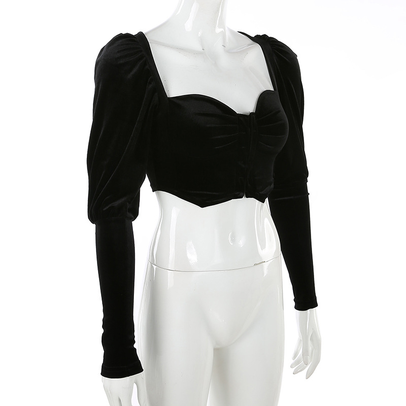 Bubble sleeve square collar velvet top