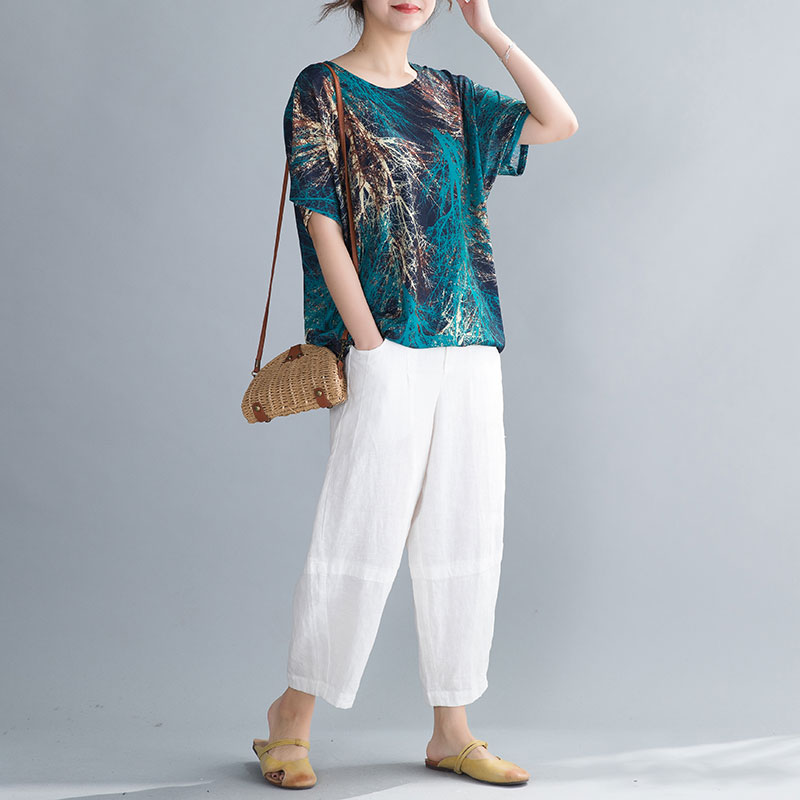 Loose plus size cotton and linen women's T-shirt