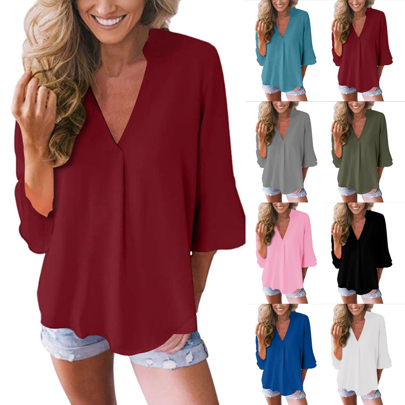 V-neck ruffle sleeve sleeve loose chiffon shirt
