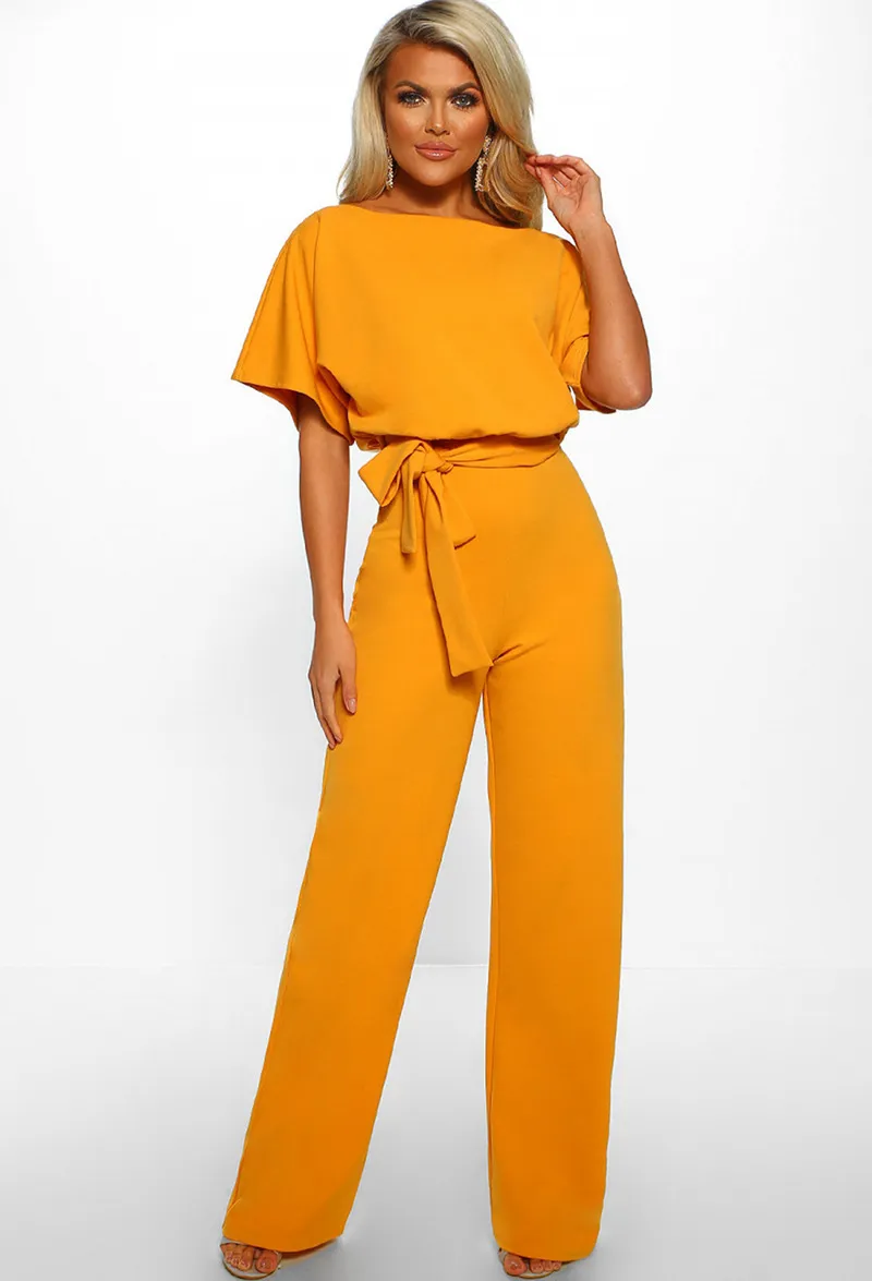 Button short sleeve women's jumpsuit - Yellow