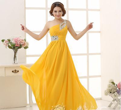 Evening dress one shoulder dinner banquet long banquet Goose Yellow - Shop at LoveMi