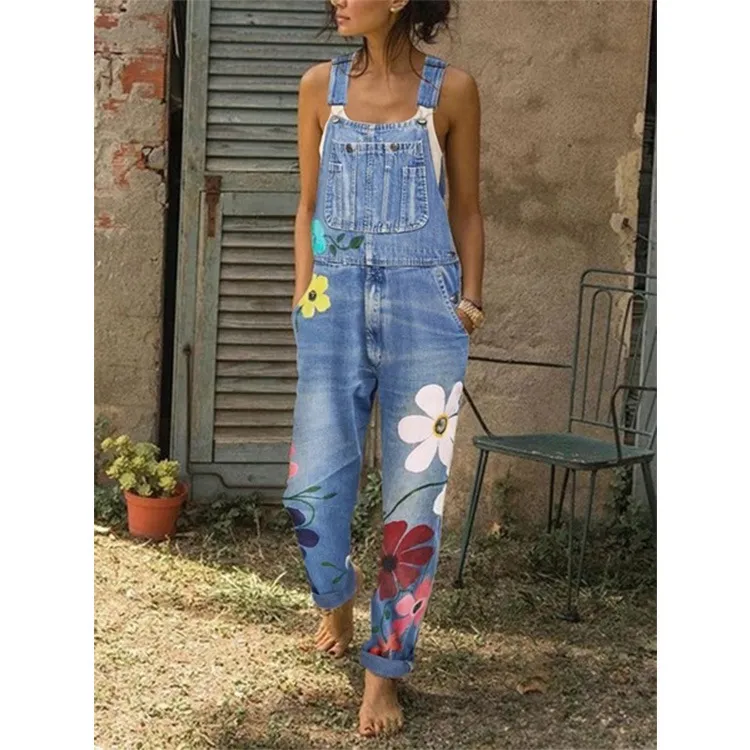 Washed Print Denim Overalls
