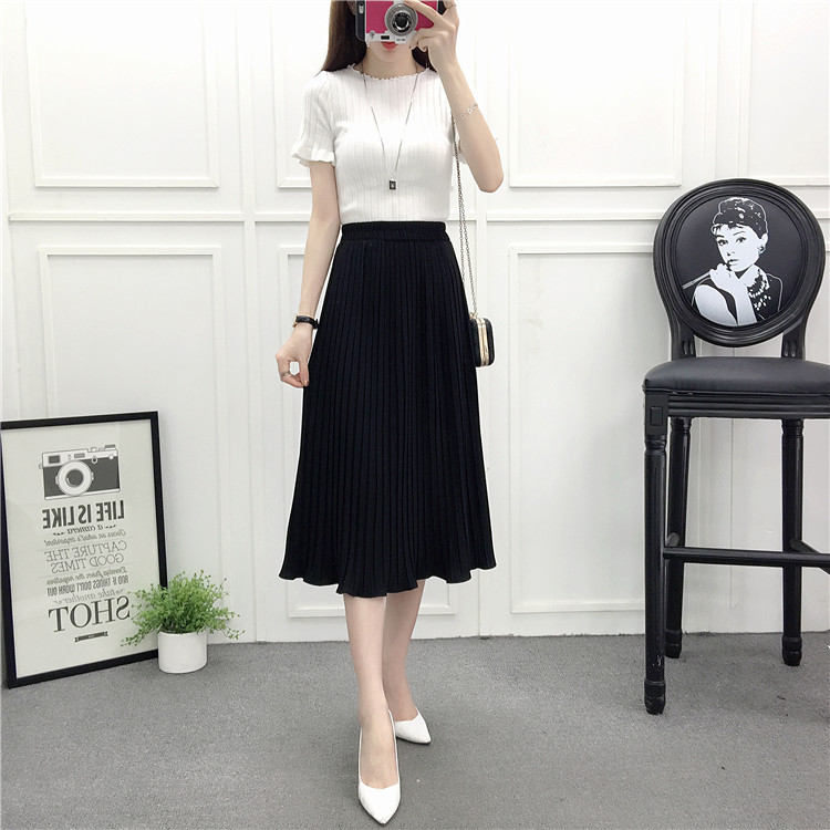 Ruffled elastic mid-length pleated skirt