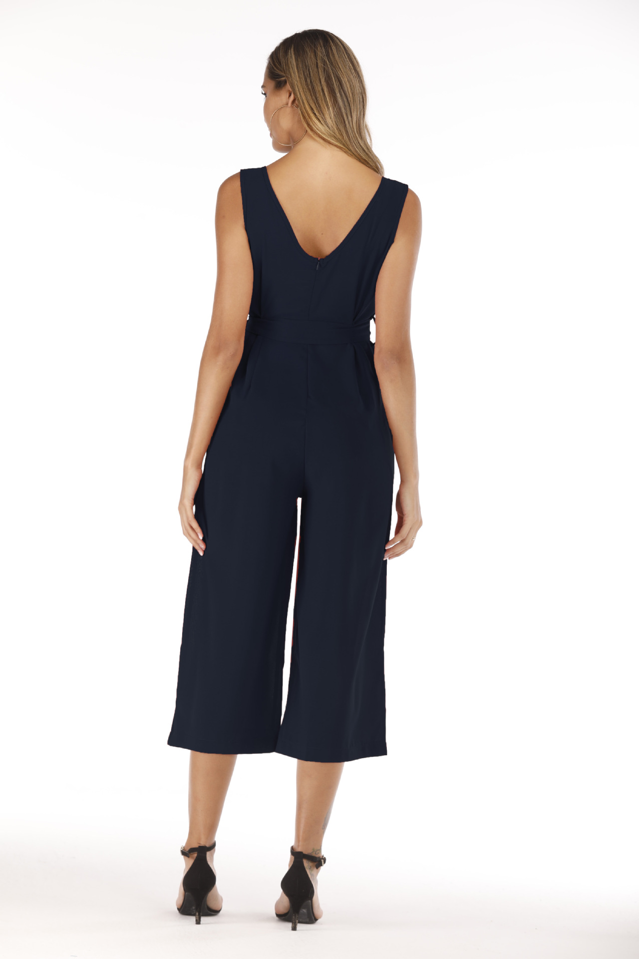 V-neck halter buttons with belt jumpsuit