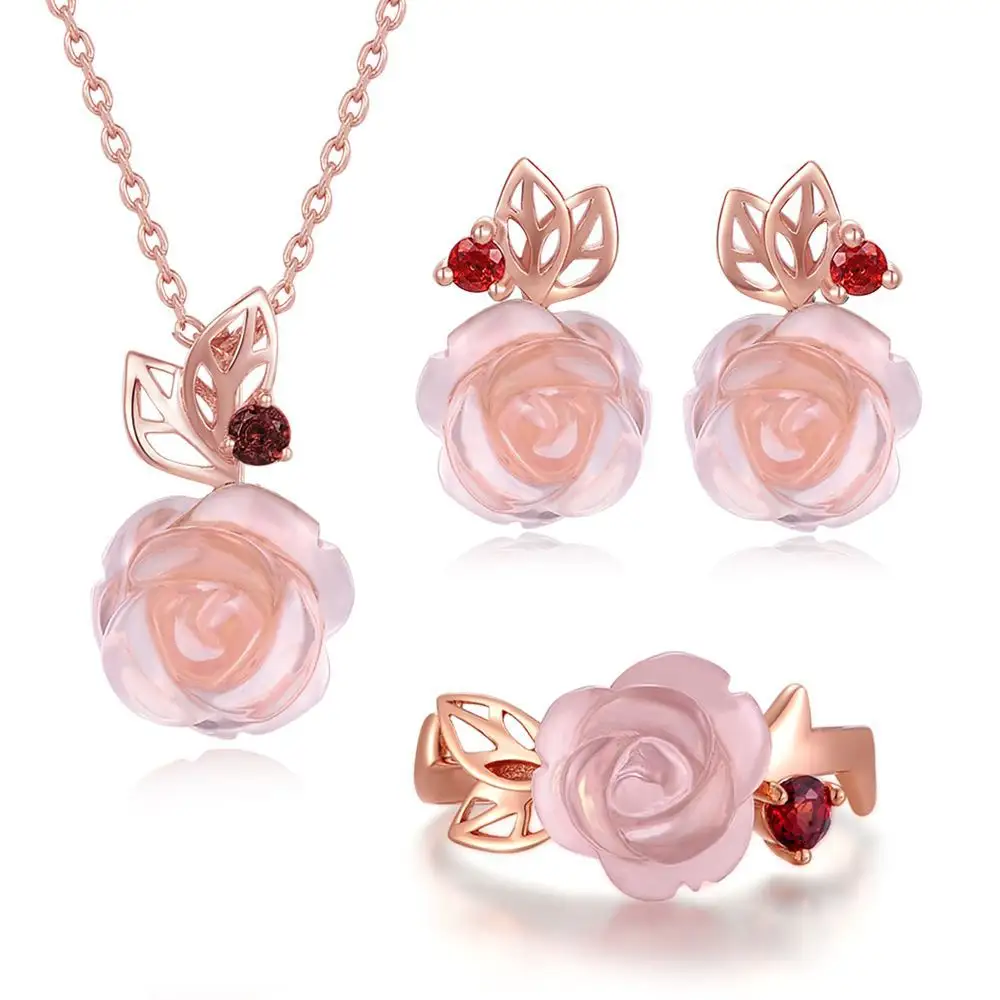 Flower Rose Quartz Gemstones 18K Gold Plated Fine Jewelry