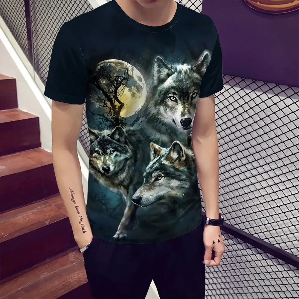 Men's star wolf head short sleeve printed men's t-shirt