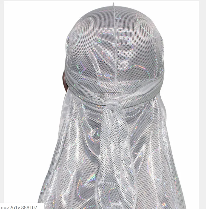 Colorful Sparkly Silky Durags Turban Bandanas Headwear - White