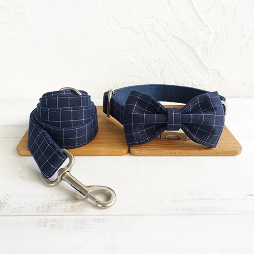 Bow Dog Collar Traction Set - Blue Suit Plaid