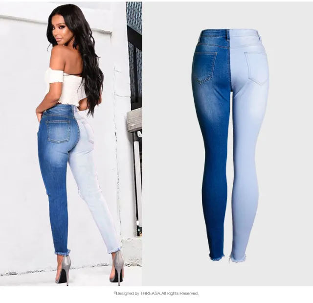 Slim stitching colorblock pencil pants Blue - Shop at LoveMi
