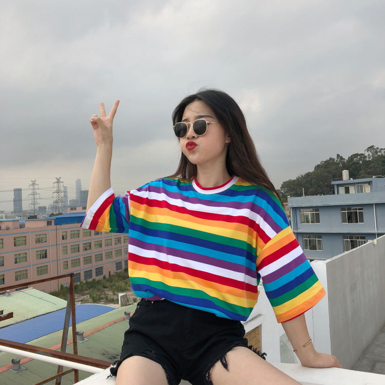 Rainbow striped T-shirt women