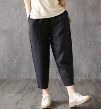 Nine Pants Loose Harem Casual Pants Cotton Linen Turnip Pants Black - Shop at LoveMi