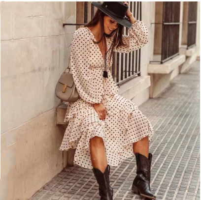 Ruffled cascading wave dot ladies dress