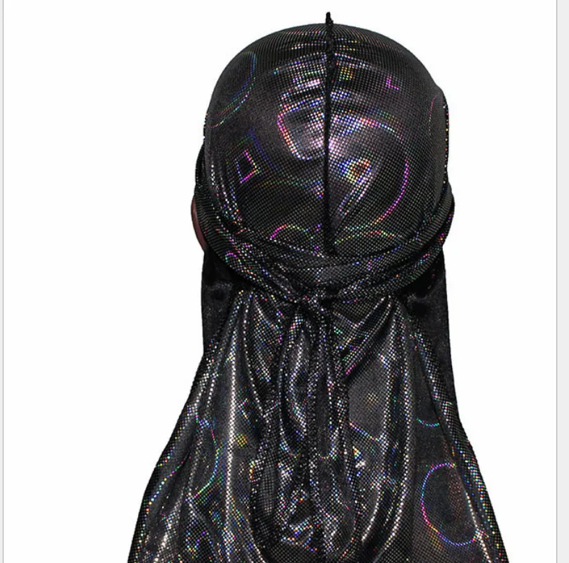 Colorful Sparkly Silky Durags Turban Bandanas Headwear - Black