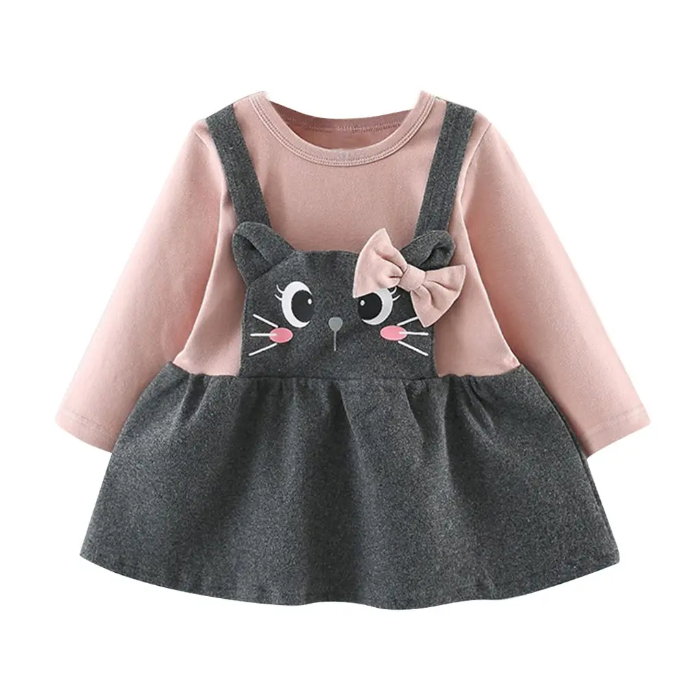 Printed Long Sleeve Cartoon Cat Face Bow Baby Dress