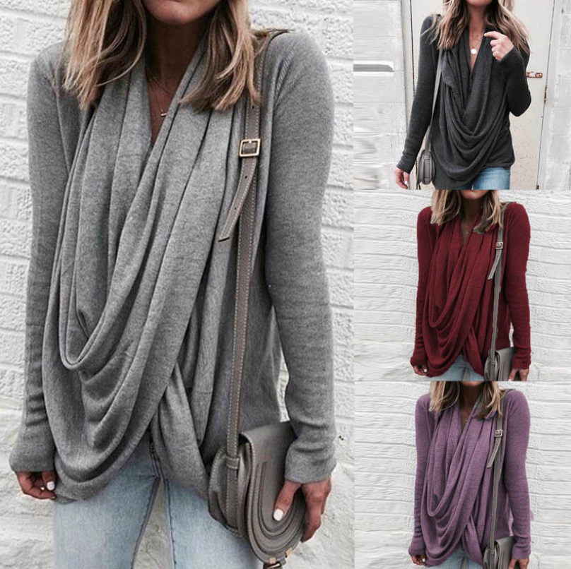 Irregular stacking collar long slim T-shirt