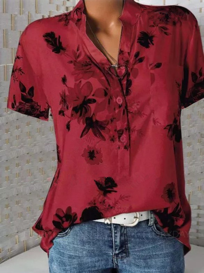 V-neck printed short-sleeved shirt