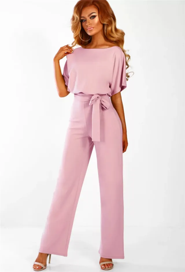 Short sleeve women's jumpsuit with lace button Pink - Shop at LoveMi