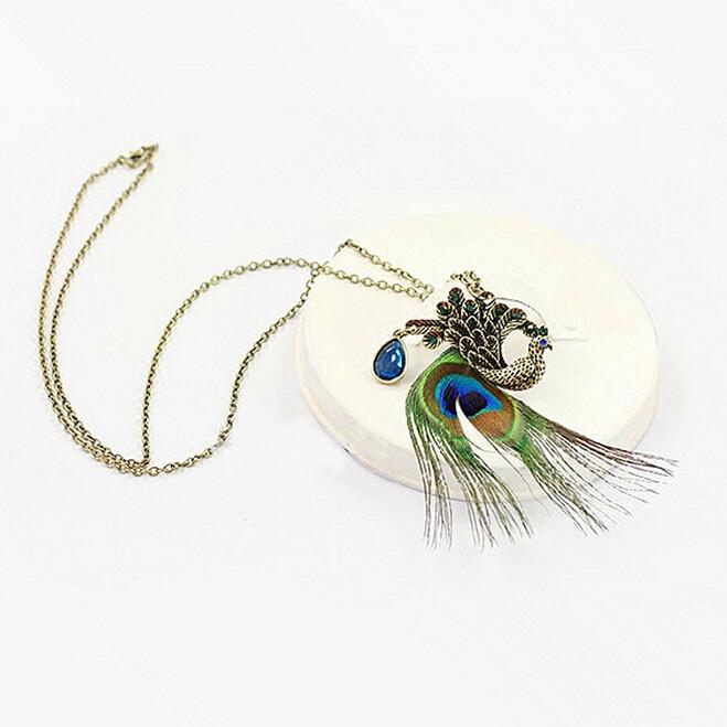 Fashion street sweater chain peacock feather long necklace