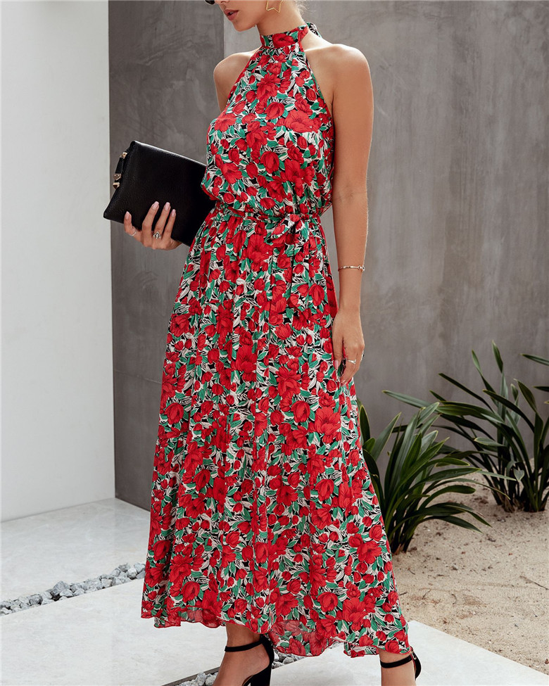 Printed Wavy Halter Irregular Long Dress