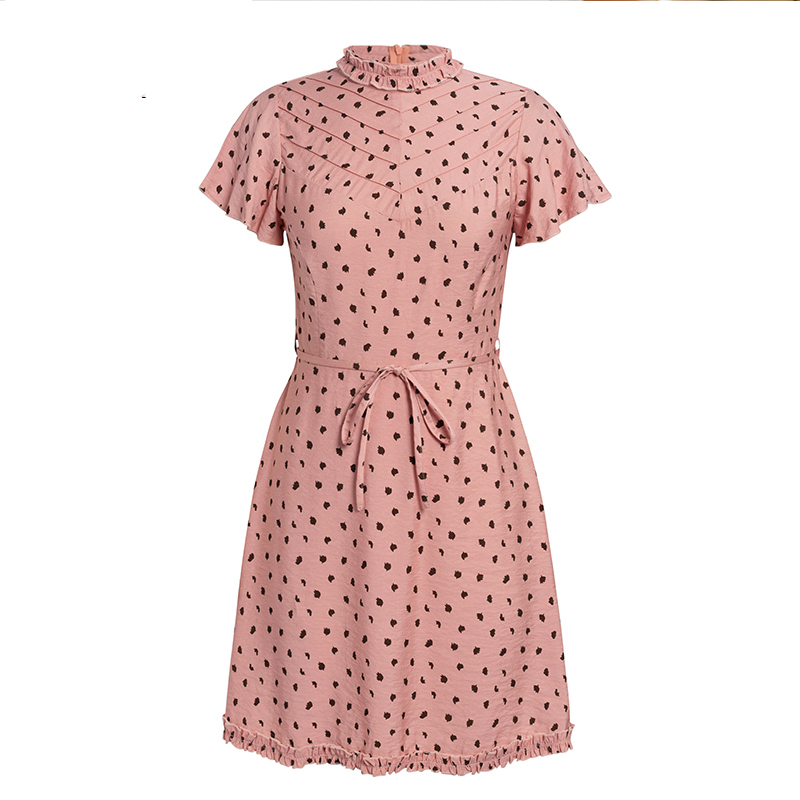 Ruffled pleated A-line skirt leopard belt casual dress pink stand collar