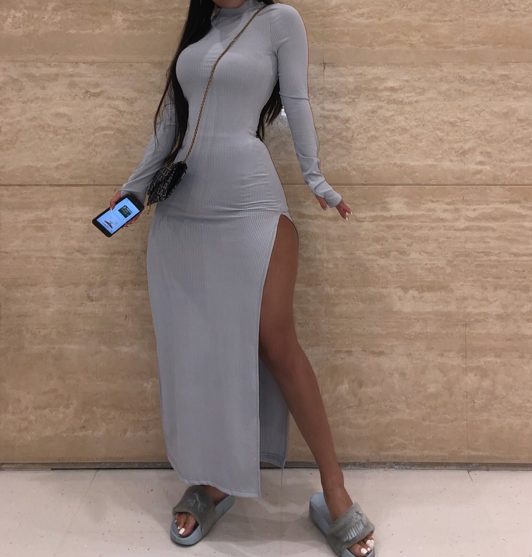 European and American slim long sleeve round neck slit long dress