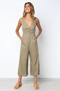 Women's Fashion Pocket Zipper V-Neck Button Backless Jumpsuit - Khaki - View 1