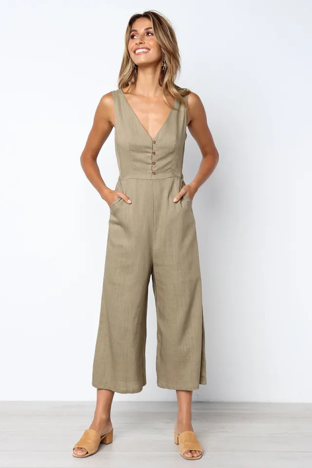 Women's Fashion Pocket Zipper V Neck Button Backless Jumpsuit Khaki - Shop at LoveMi