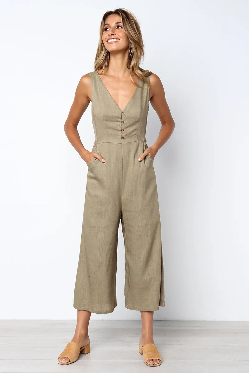 Women's Fashion Pocket Zipper V-Neck Button Backless Jumpsuit - Khaki