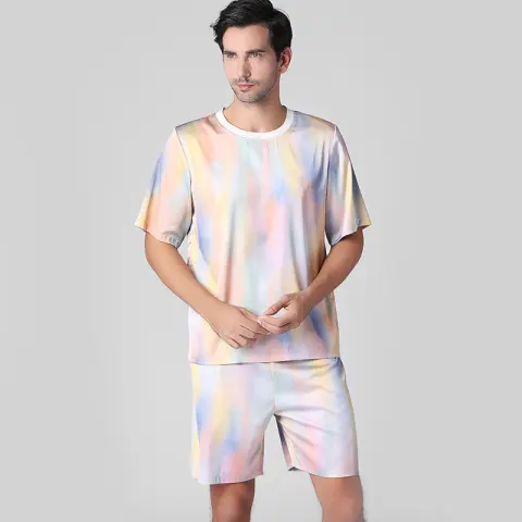 Casual Summer Men's Ice Silk Pajamas Short Sleeve Suit
