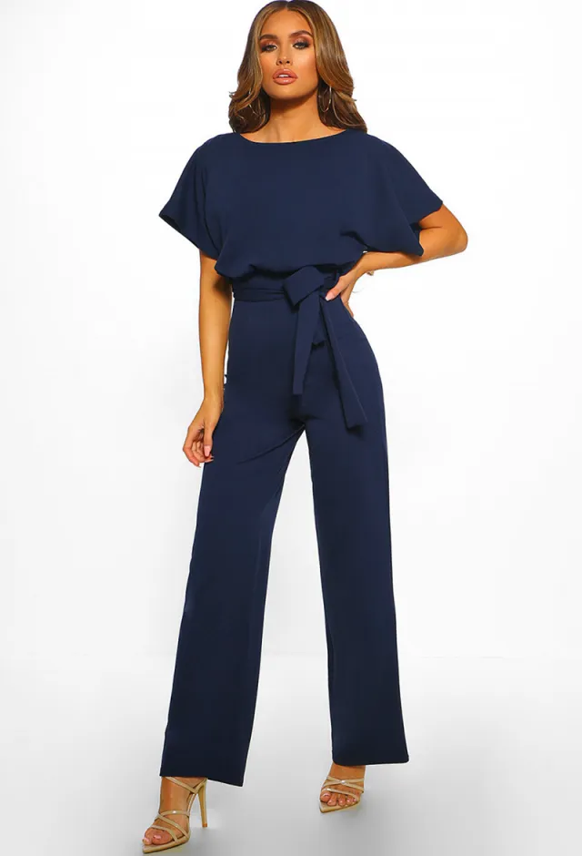 Short sleeve women's jumpsuit with lace button Navy - Shop at LoveMi