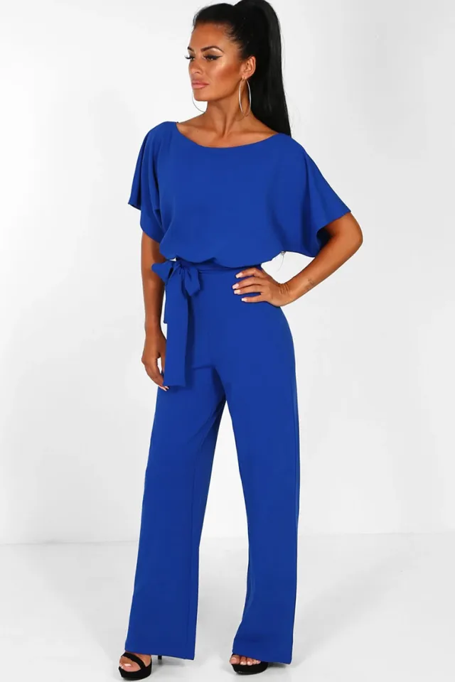 Short sleeve women's jumpsuit with lace button Blue - Shop at LoveMi