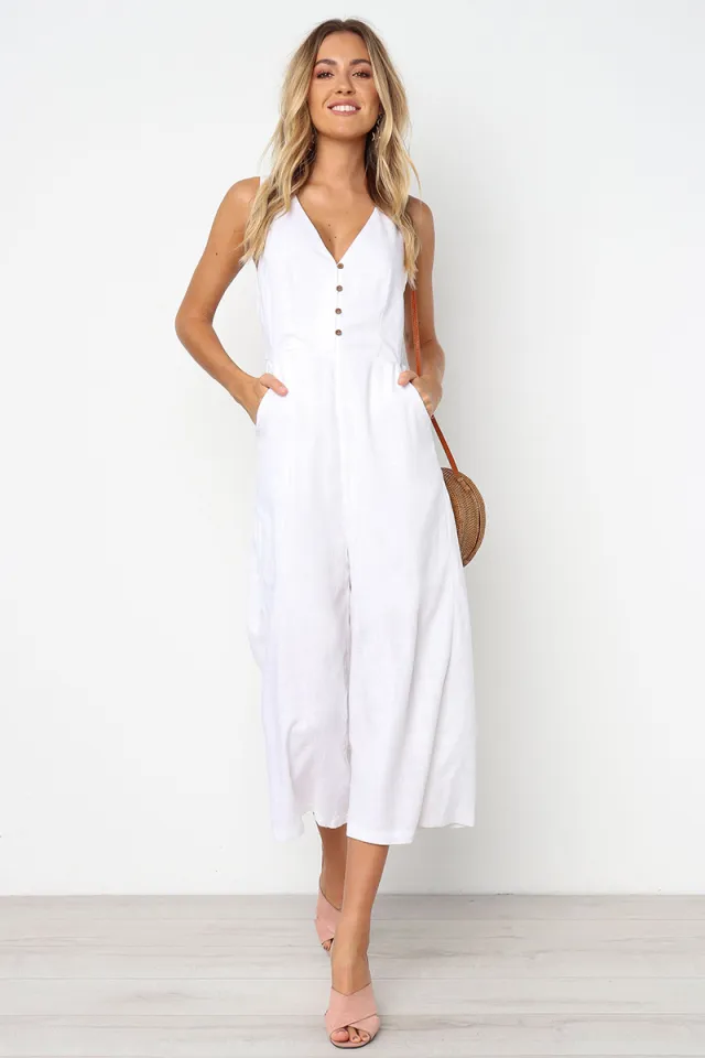 Women's Fashion Pocket Zipper V Neck Button Backless Jumpsuit White - Shop at LoveMi