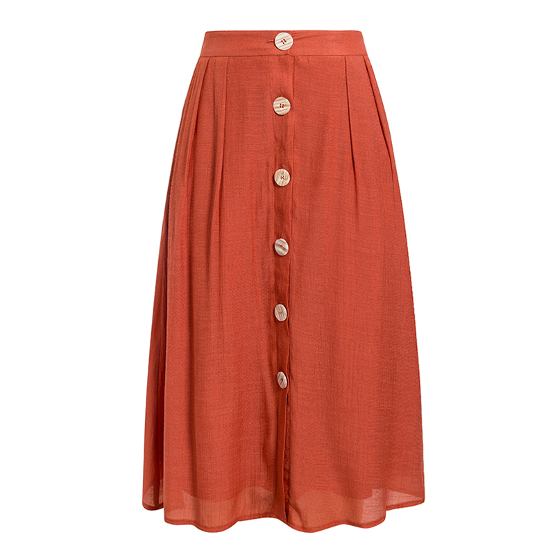 Solid color button cotton and linen casual skirt mid-length brick red high