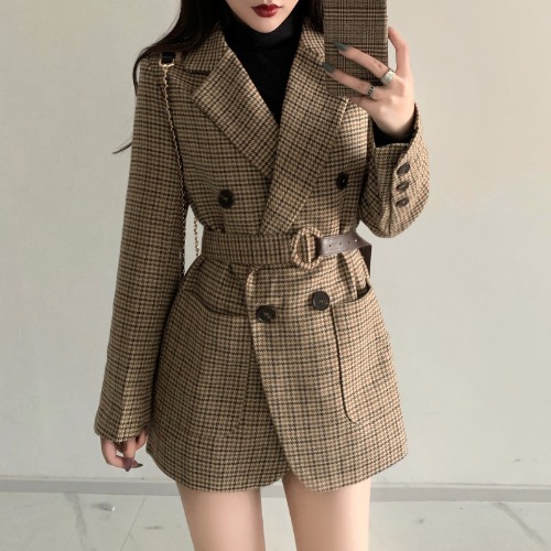 Plaid small suit lace-up woolen jacket