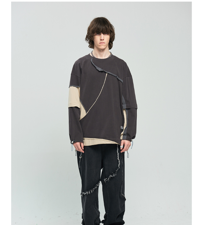 Contrasting color long-sleeve hooded sweatshirt