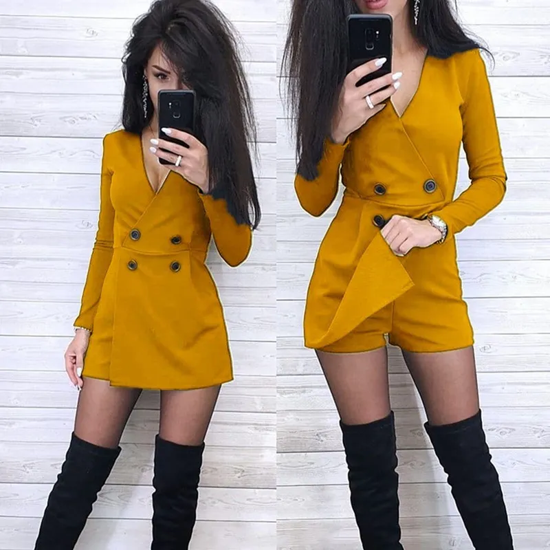 Solid color button slim bodysuit - Yellow