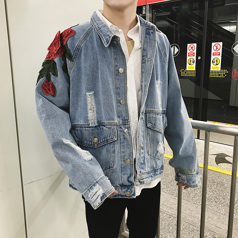 Spring safflower embroidered washed denim