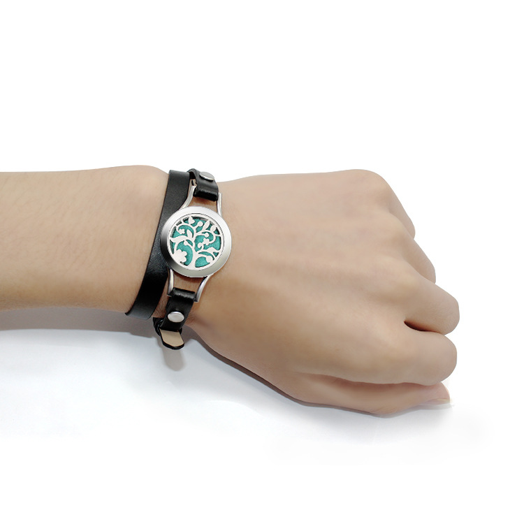 Stainless Steel Titanium Steel Hollow Perfume Fragrance Bracelet Double Circle Leather Belt Essential Oil Diffusion Fragrance Bracelet