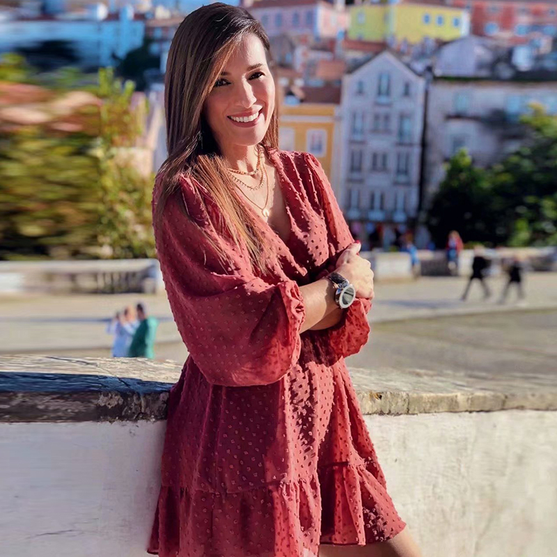 Women's long sleeve V-neck tulle dress