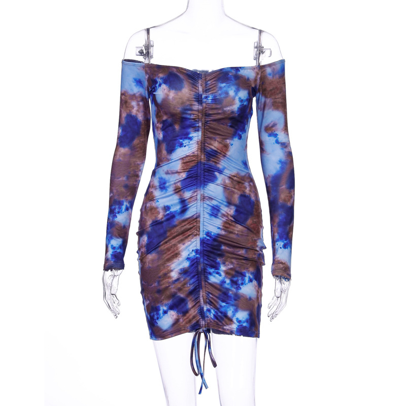Sexy slim body bag hip drawstring long sleeve printed dress