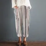 Nine Pants Loose Harem Casual Pants Cotton Linen Turnip Pants Striped - Shop at LoveMi