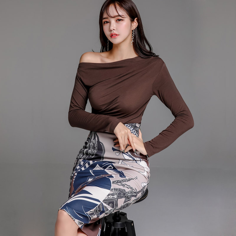 Slim knit Strapless top print wrap hip skirt suit