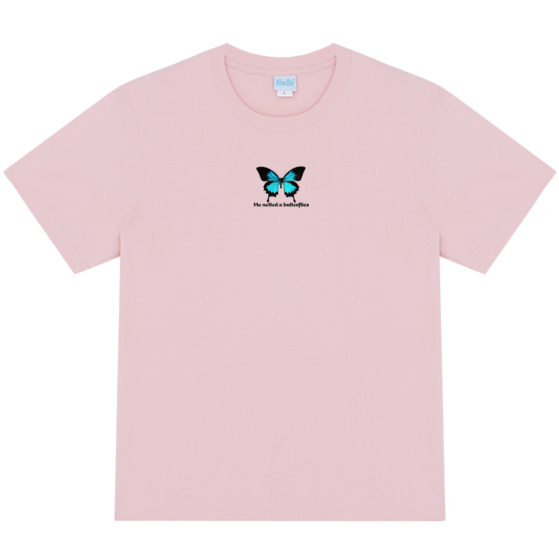 Butterfly T-shirt short sleeve women loose pink round neck top