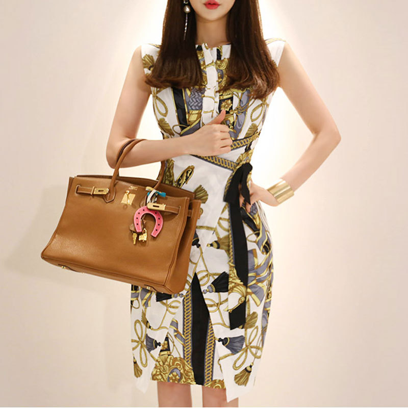 waist tie printed bag hip slim dress