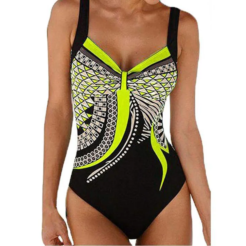 Strap retro printed sexy backless ladies one-piece swimsuit - Green