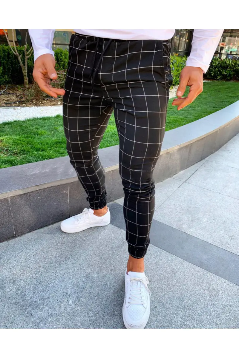 Plaid printed men's casual stretch pants