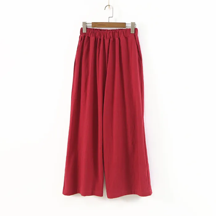 Solid color cotton and linen retro simple casual pants - Wine