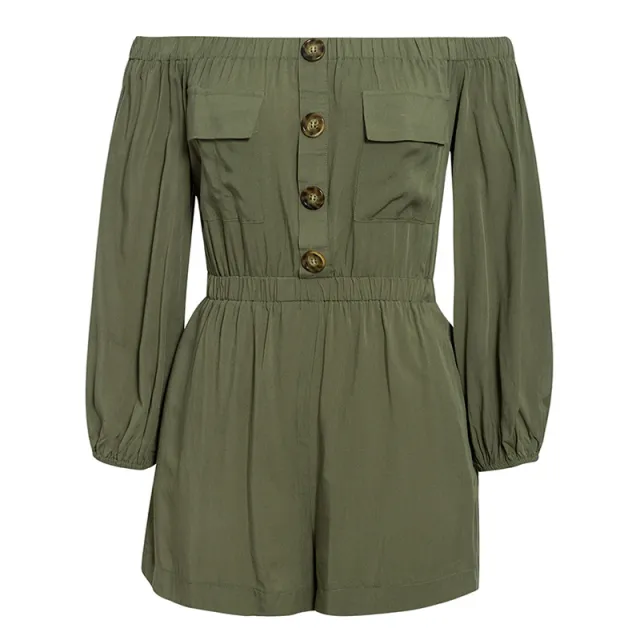 Off the shoulder button down overalls Green - Shop at LoveMi